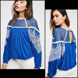 Free People Boho Royal Blue Blouse with White Lace